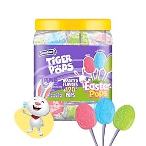 Colombina Tiger Pops Easter Jar, Watermelon, Blue Raspberry, and Cherry Flavors, Individually Wrapped Lollipops, Includes Easter Bunny, Egg, and Chick Shapes, 130 Count (Pack of 1)