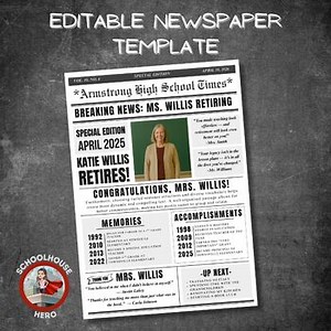 Retirement Newspaper Template: Editable Teacher/Coworker Tribute