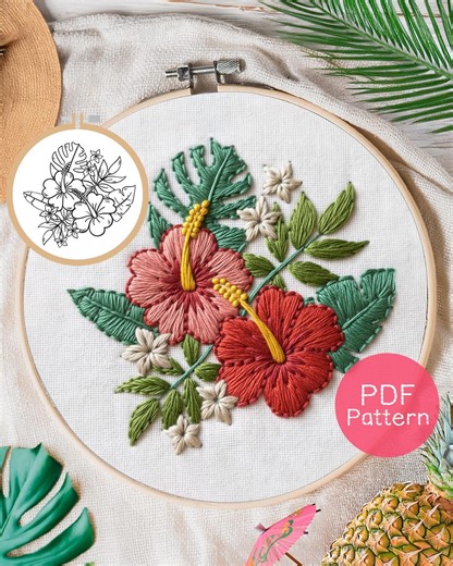 Hibiscus Flower Embroidery Pattern: Tropical Hawaiian Hand Embroidery (PDF Download, 3-8" Hoop Size) - Etsy