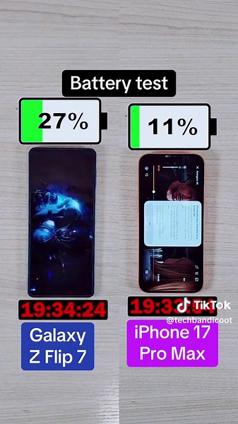 Samsung Galaxy Z Flip 7 vs iPhone 17 Pro Mac battery test! In my battery test, Avengers is played back on a loop until the phone runs out of battery. The screen is set to full brightness, and phones are on airplane mode, with Wi-Fi and Bluetooth off. All tests are filmed with new phones that have full battery health. #Battery #BatteryTest #Tech #NewTech #CoolTech #TechBandicoot #TechTok #InstaTech #Apple #iPhone #iPhone17Pro #iPhone17ProMax #Samsung #GalaxyZFlip7