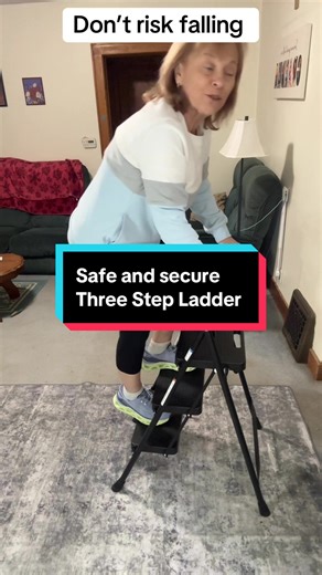 Three step ladder. Safety mechanism that locks in place extra wide petals padded handlebars, and feet.#stepladder #homesafety #ladder #homemusthave #diyprojects