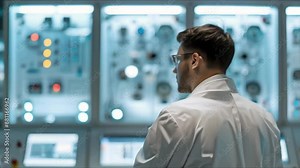 Rear view of engineer operating control panel in blue nuclear power plant. Concept Engineering, Control Room, Nuclear Power Plant, Technology, Industrial Operations
