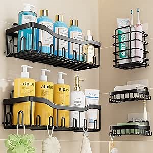 Shower Caddy Organizer 5 Pack, Self Adhesive Shelves Basket for Bathroom Storage Home Decor, Shelf Inside Rack, Wall Mounted RV Accessories Shampoo Holder Black