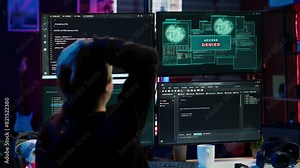 Hacker getting access denied error while doing computer sabotage using ransomware. Cybercriminal failing to penetrate firewalls while trying to steal victim data, camera A