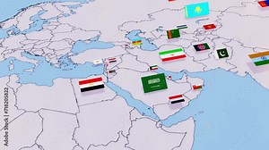 Middle East nations on world map 3d animation with flags. Egypt, UAE, Iran, Iraq, Israel, Palestine, Qatar, Saudi Arabia, Syria