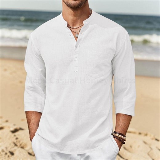 Men’s Linen Henley Beach Shirt Casual Summer - Etsy