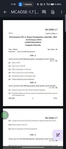 KARNATAKA STATE OPEN UNIVERSITY MCA CS SEM-1 COMPUTER NETWORK QUESTION PAPER 2024