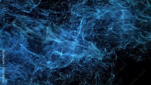 Glowing blue liquid streams collide and splash in this precise 3D fluid dynamics simulation with a tilted camera angle, 4k 24p, over black