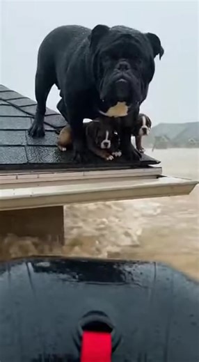 The water was rising. The rain was loud. And he had only one choice… He stood there shaking — not because he was weak, but because his babies were behind him. One by one, the rescuer took the puppies. He watched. He trusted. Then the wave came. He slipped. He disappeared into the water. And in that moment, everyone held their breath… Until strong hands pulled him back. Wet. Exhausted. Alive. He crawled straight to his puppies. Nose to nose. Safe at last. Some heroes don’t wear uniforms. Some jus
