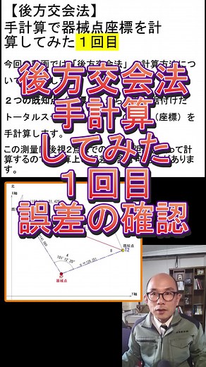 【後方交会法】器械点座標を手計算してみた１回目「誤差の確認」 #測量 #後方交会法 #土木 #現場 #計算 ブログ https://pooloyolo.blog/surveying/2-points-of-backward-association-method/