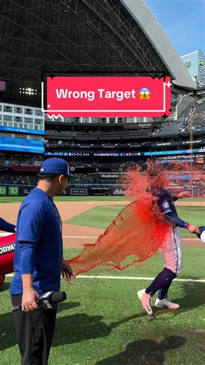 This is what happens when Myles comes back on splash duty 😂😧 #MLB #BlueJays #MylesStraw #Vladdy #Okamoto