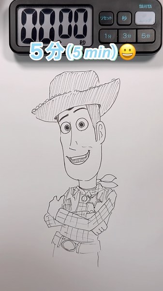 Drawing Woody in 5sec,10sec,1mins,5mins トイストーリーのウッディを5秒、10秒、1分、5分で描いてみた #toystory #shorts