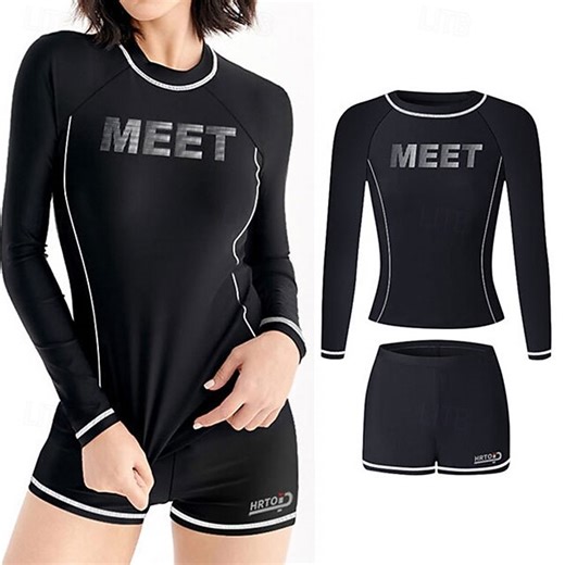 Women's 2 Piece Rash Guard Surfing Shirt Swimsuit Shorts UV Sun Protection Quick Dry Long Sleeve Swimwear Beach Water Sports Swimming Alphabet Spring 2025