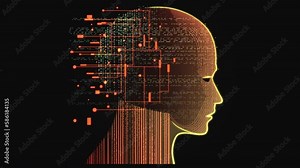 Hologram of head with connecting lines of database and digital geometric configuration. Artificial Intelligence concept animation