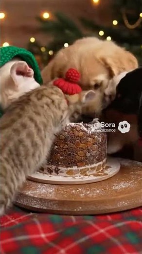 Cats and dogs eating cake together貓狗同餐一起吃聖誕蛋糕！一緒にケーキを食べる猫と犬。Gatos y perros comiendo pastel juntos.