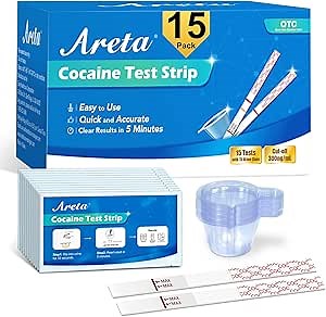 Areta Cocaine Test Strip: Cocaine Drug Test Single Panel Urine Screen Kits, 15 Pack Instant Accurate Home Cocaine Tests Coke Dipstick with Cups, 300 ng/mL Cutoff -ASCOC-114