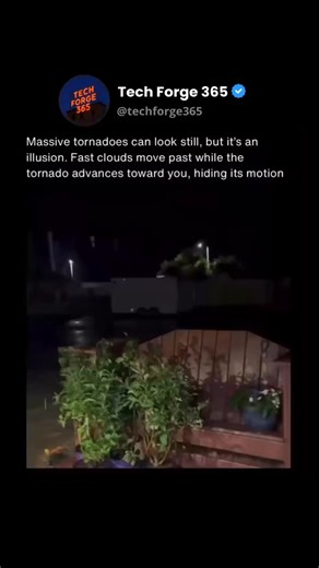 Tech Forge 365 | News & Fun Facts on Instagram: "Massive tornadoes often appear motionless because of how the human eye interprets movement during severe storms. The clouds, rain bands, and debris around a tornado usually move much faster than the tornado itself. When those features race past in the background, they create a false reference point that makes the tornado seem fixed in place even though it is steadily moving. Another major factor is perspective. When a tornado is traveling toward a