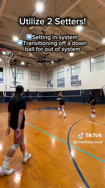 Utilizing both setters with this group of 8th graders 👏🏽 ➡️OH passes out of left back in serve receive, transitions to swing while the front row setter runs the offense in system. ➡️On contact, the back row setter in middle back digs the down ball and turns it into an out of system set for the OH. ➡️Setters switch every 6 rotations to keep both developing in all phases. ⚡️Bonus: add a cover ball or a blocker. In system setter covers, back row setter takes second contact off coverage for a full