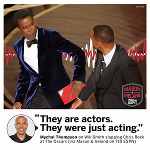 Was the Will Smith and Chris Rock slap staged? 🔊 Mychal Thompson tells Mason & Ireland that they were just acting. Sound off now on 710 ESPN 📻 bit.ly/ListenLA | ESPN Los Angeles