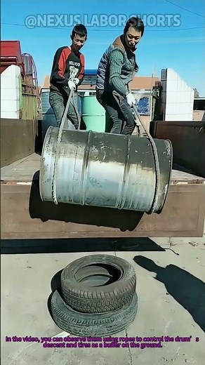 Industrial Unloading Hack: Safely Unload Steel Oil Drum with Ropes and Tires