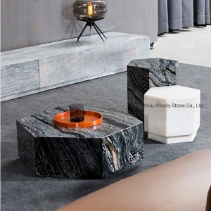 [Hot Item] Natural Hexagon Silver Dragon China Black Marble Plinth Round Coffee Table for Hotel