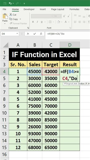 🔥 Excel IF Function – Sales vs Target Trick | Auto Result Formula 💼