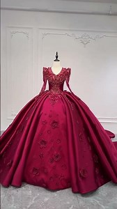 V neck ball gown long sleeve red satin wedding dress