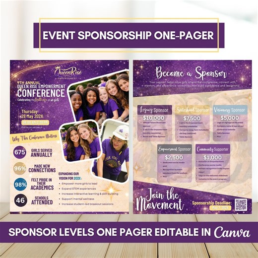 Sponsorship One Pager Template, Nonprofit Event Sponsor Levels Sheet | Editable in Canva - Etsy