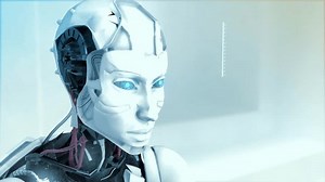 High quality CGI pullback shot of an Artificial Intelligence humaniod robot at a laptop computer in a virtual AI environment with data and equations floating around him -cold blue color scheme