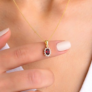 14K Gold Oval Ruby Necklace, Diamond Halo Pendant, Real Red Gemstone Charm, July Birthstone Jewelry, Elegant Anniversary Gift for Her - Etsy