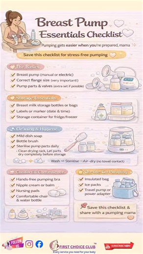 🍼 Breast Pump Essentials Checklist 🤍 Pumping gets easier when you’re prepared, mama ✨ Save this checklist to make every pumping session calmer & smoother 💛 ⸻ Using a breast pump isn’t just about the pump itself 🤍 Having the right accessories and setup can make pumping more comfortable, hygienic, and stress-free. Whether you’re pumping occasionally or regularly, this checklist covers the true essentials every pumping mom needs 👇 🍼 Breast Pump Essentials Checklist 🧠 The Basics ✔ Breast pump
