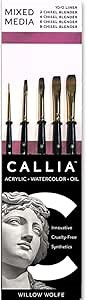 Willow Wolfe CALLIA™ Series 1200 Blending Brush Set #500 – 5-Piece Vegan Synthetic Mixed-Media Set (Chisel Blender Sizes 2, 4, 6, 8 & 10/0 Liner) for Acrylic, Oil & Watercolor