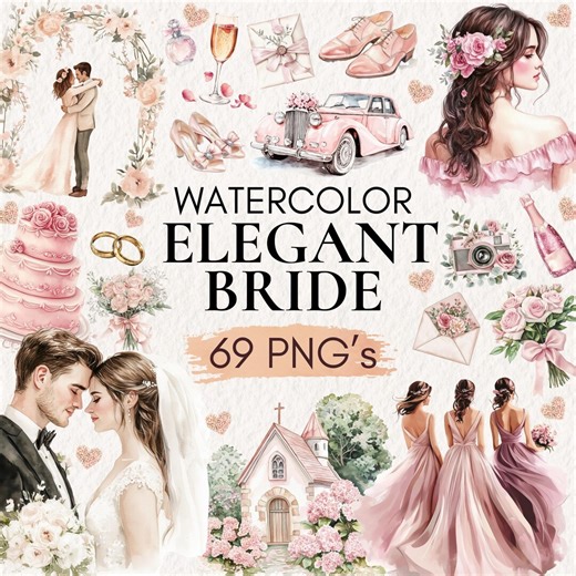 Watercolor Wedding Clipart, Elegant Bride PNG, Pink Dress Illustration, Groom Suit, Bridal Shower Bundle, Romantic Couple Art - Etsy