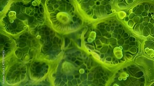 The first image shows a crosssection of a single algae cell under a microscope. The vibrant green color and intricate structures of . AI generation.