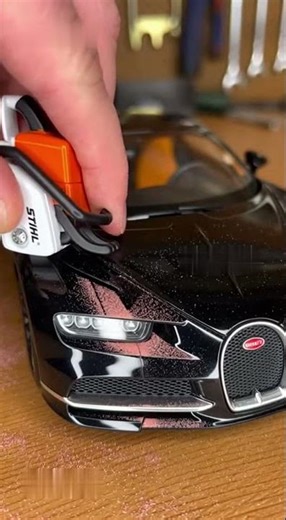 Mini Chainsaw vs. Classic Black Bugatti Chiron Model —The Perfect Cut #ASMRTools #CarModel #MacroCut