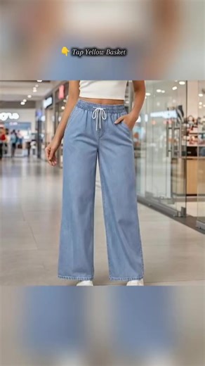 Elastic Waist Drawstring Jeans For Women Casual Wide Leg #women #maongpants #jeans #denimstyle