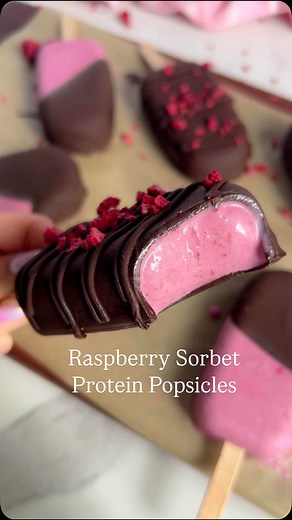 Colleen Forton on Instagram: "Raspberry Sorbet Popsicles! Smooth & creamy sorbet, naturally sweetened, and with a protein boost, wrapped in rich dark chocolate! So easy to make, and nothing beats the chocolate & berry pairing decadence! ✨ comment RASPBERRY if you'd like the recipe sent to you! ✨"