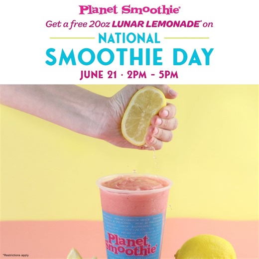2.8K views · 15 reactions | June is for National Smoothie Day! 磻 Visit us on June 21st and enjoy a FREE 20 oz Lunar Lemonade on us to celebrate!  | Planet Smoothie | Facebook