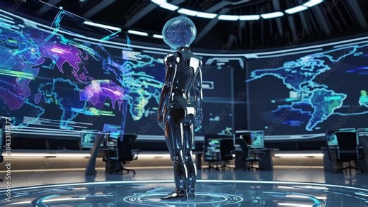 Robot with an exposed brain stands in a futuristic control room. This AI is in a command center with a global data screen. The robot represents future technology and artificial intelligence.