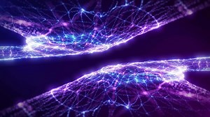 Abstract purple digital dynamic particle waves with motion light background, data flow, cyber technology. 3d rendering. Seamless loop 14k. intro