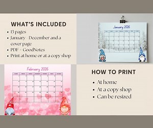 2026 Gnome Calendar Printable PDF – Monthly Wall Calendar | Cute Gnome Planner Digital Download | Goodnotes   Home Printing - Etsy