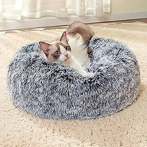 CATBOAT 23'' Calming Dog Cat Bed - Indoor Washable Donut Dog Bed with Fluffy Faux Fur Plush, Round Anti Anxiety Pets Bed, Warming Cuddler Cushion Bed for Small Medium Dogs and Cats Kittens Puppy, Grey