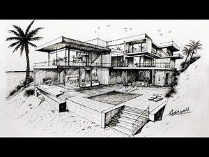 Drawing a two-point perspective of a modern beach house