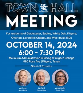 Join the Conversation!  The Kilgore College Board of Trustees and KC President, Dr. Brenda Kays, invite you to a Community Listening Session. Share your ideas and help shape the future of Kilgore College. ️ October 14, 6:00 - 7:30 pm at the McLaurin Administration Building. Residents of Gladewater, Sabine, White Oak, Kilgore, Overton, Leverett’s Chapel, and West Rusk ISDs, we want to hear from you! | Kilgore College | Facebook