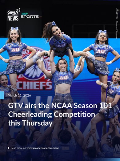 ON AIR: NCAA 101 CHEERLEADING COMPETITION ⭐️ The spirit of collegiate pride takes center stage once again as broadcast giant GMA Network airs the much-anticipated NCAA Season 101 Cheerleading Competition live from the SM Mall of Asia Arena this Thursday, March 12, at 2:30 p.m. on GTV. Feel the excitement and chill as the NCAA’s premier cheerleading squads showcase their gravity-defying stunts, thrilling routines, and electrifying performances. Competing this season are the Benilde Blazers Pep Sq