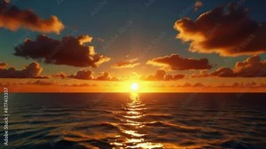 dramatic sunset where deep red and orange hues dominate the sky. The light breaks through thick clouds, illuminating the ocean waves crimson glow as the clouds drift slowly, 4K Wallpaper animation