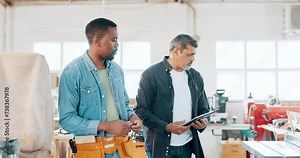 Carpenter, woodwork and apprentice with mentor in workshop, discussion and walking. Wood, intern and people together to work, teaching or learning on tablet at manufacturing factory for construction