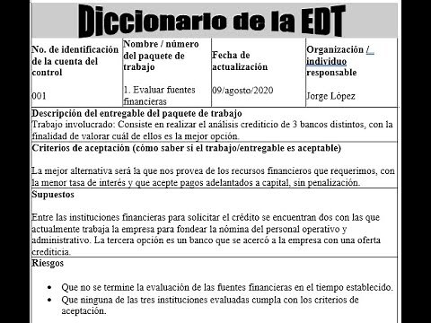 Diccionario de la EDT o WBS (Estructura del Desglose del Trabajo) -con formato para descargar-