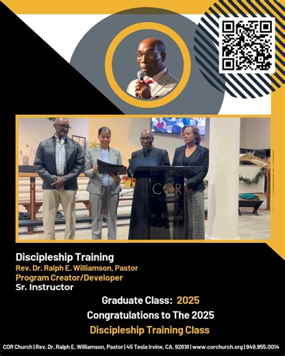 Congratulations to the exceptional graduates of COR's 2025 Discipleship Training! Your completion of the 5-Week Membership and Discipleship Training Course is a significant achievement, guided by the inspiring leadership of Rev. Dr. Ralph E. Williamson. We extend our heartfelt gratitude on behalf of Rev. Dr. Williamson, New Membership Directors Charlotte and Michael Brown, and Class Instructors Rev. Candace Louise Davis and Rev. Robert Wright. Your steadfast commitment and dedication to this cou