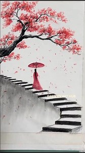 Romantic Japanese Cherry Blossom Tree & Girl Drawing Tutorial #shorts